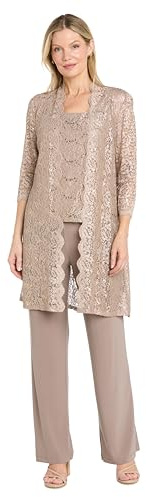 R&M Richards Women's 3 PCE Laced Duster Jacket Shell and Solid Pant Formal Night Out Dress
