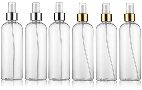 KIPETTO 6Pcs Clear Fine Mist Spray Bottles with Gold and Silver Trim Atomizers Dust Caps, BPA Free PET Plastic Empty Travel Containers for Aromatherapy, Facial Spray, Hair Styling, 60ml