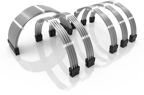LINKUP - 30cm Extensión de Cable de Alimentación Revestimiento Metálico y Silicona, Suave y Flexible para Dirigir GPU y CPU con Kit de Peines| 1x24P (20+4)| 2x8P (4+4) CPU| 3x8P (6+2) GPU| 300mm Plata