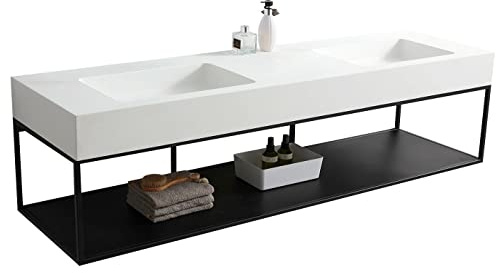 Wandwaschbecken Doppelwaschtisch BA8016, Hänge-Waschbecken aus Mineralguss - 163 x 45 x 12 cm - Farbe wählbar - Metallkonsole optional Farbe:Weiß Matt, Untergestell:Untergestell 163S hängend