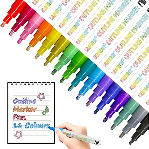 Ulifeme Outline Stift, 16 Farben Wasserfester Stifte für Geschenkkarte Schreiben, Geburtstagsgruss, Kinder Malen, DIY-Kunsthandwerk & Party-Zeichnung, 1-3 mm Glatte Schreibspitze mit Double Outline