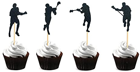 Arthsdite Lacrosse-Cupcake-Topper, schwarzer Glitzer, Lacrosse-Spieler, Cupcake-Picks für Jungen, Eis-Lacrosse-Sport, Thema, Geburtstagsparty-Dekoration, 48 Stück