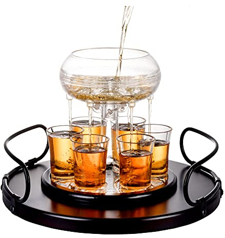 Bezrat Shot Glass Dispenser Gift Set - Rich Wood Mahogany Serving Tray - 6 Shot Acrylic Glass Dispenser and Holder - Whiskey, Liquids, Drinks, Beverages, Cocktail for Drinking Games, Parties and Bars