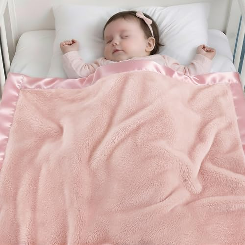Pro Goleem Baby Blankets for Girls with 2 Inch Satin Trim, Super Soft Plush Receiving Blanket for Infant Toddler Newborn, Fleece Cozy 30x40 Inch Crib & Stroller Blanket (Pink)