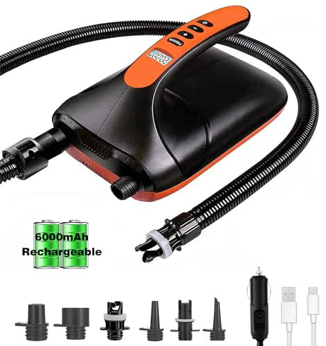 Sup Electric Pump,20psi Rechargeable Paddle Board Pump 6000 mAh, Dual Stage Inflation And Deflation,Auto Off Air Pump for Paddleboard,Kite,Tent,Mattress