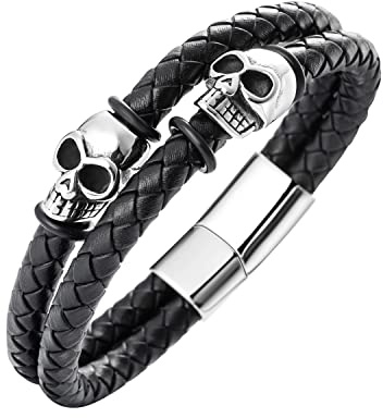 Herren Armband Totenkopf für Mann Männer ,Cool Schwarz Leder Edelstahl Skull Armbänder Mit Magnetverschluss Schmuck für Jugendliche Jungen Junge Jungs kinder Halloween Geburtstag Weihnachten Geschenk