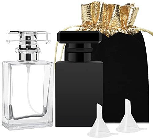 Memotoo Perfume Bottle Atomizer with Funnels, 2 Pack 30 ML Refillable Perfume Spray Fine Mist, Empty Spray Bottle Flint Glass Cologne Atomizer for Travel, Handbag, Date(Black+White)
