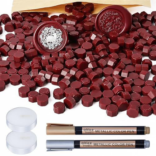 WEWINK PLUS Juego de 304 cuentas de sellado de cera, 300 cuentas de cera de sellado rojo con 2 velas de té y 2 bolígrafos metálicos para invitaciones, sobres, manualidades, sellos de sellos,