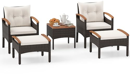 COSTWAY Rattan Gartenmöbel Set, Balkonmöbel, Balkonset inkl. 2 Stühle mit Hocker, Tisch & Kissen, Tischplatte und Armlehnen aus Akazienholz, Terrassenmöbel, Gartengarnitur, Sitzgruppe für Garten