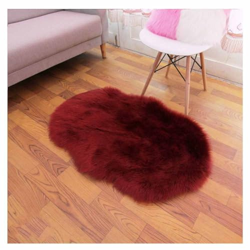 SHTGOI Kunstfell Teppich Plüsch Lammfellimitat Teppich Faux Fell Bettvorleger mit Anti-Rutsch Hirschleder-Samt Wollteppich Flauschige Sofa Matte für Wohnzimmer,Schlafzimmer 60 * 100cm Weinrot