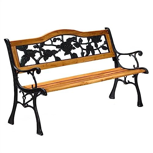 Gartenbank 49,2-Zoll-Außenbank aus Gusseisen und Holz, 2-Personen-Gartenbank mit floraler Pflanzenmotiv-Rückenlehne, langlebiger Outdoor-Freizeitstuhl for Parkterrasse, Hofdeck Bank Sitzbank
