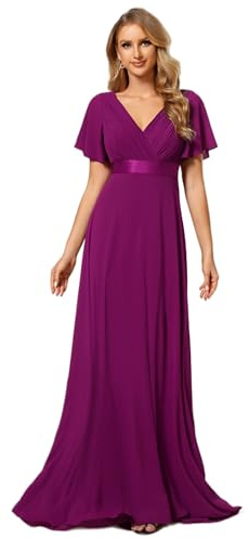 Ever-Pretty Vestidos De Fiesta Muj A-línea Vestidos de Fiesta Escote en V Manga Corta Gasa Corte Imperio para Mujer Fucsia 52