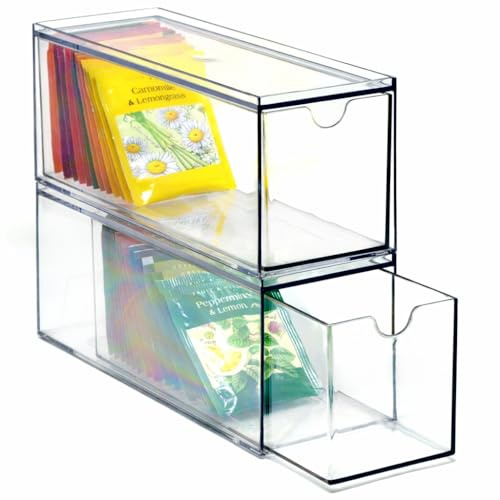 Youngever 3 Drawers Plastic Kitchen Pantry Stackable Storage Organizer, Plastic Tea Packet Organizers, Stackable Tea Bag Holder, 9 x 3 x 3.5