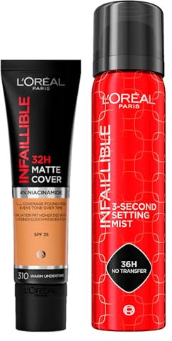L'Oréal Paris Infaillible 32H Matte Cover Niacinamide SPF 25 310 Warm + Fixierspray 3-Sekunden-Setzung für Gesichtsmake-up, 75 ml, 2 Flaschen
