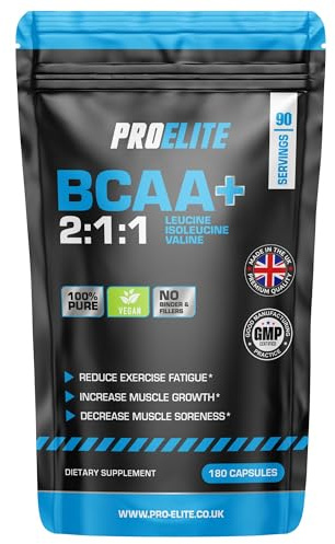 BCAA Capsule 3000mg Per Serving - 180 Vegan Capsules - 2:1:1 Branched Chain Amino Acids Capsules with Vitamin B12 & B6 - BCAA Powder Tablets Alternative - Pre Post Workout for Energy by PROELITE