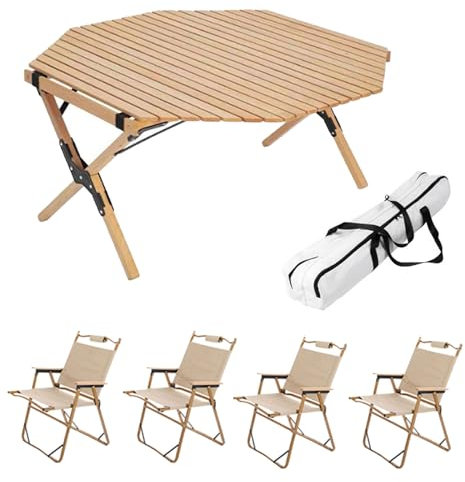 5-teiliges Set aus klappbarem Campingtisch und Stühlen, tragbare, leichte Picknickstühle mit Tragetasche und aufrollbarem Picknicktisch aus Buche