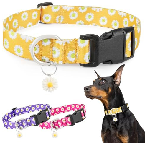 BiPawTi Süßes Hundehalsband Mittelgroße Hunde - Weiches, Verstellbares Halsband mit Margeritenanhänger & Hübsches Blumen Margeritenmuster - Gelbes Hundehalsband für Mittlere Hunde, M