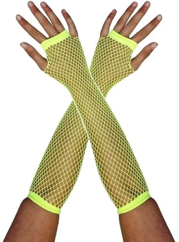 Damen Fischnetzhandschuhe – lange grüne fingerlose Netzhandschuhe – 80er Jahre Popstar Icon Neon Rave Roller Disco Verkleidung Zubehör