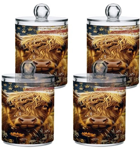 GAIREG Highland Cow USA Flagge Retro Qtip Halter, Qtips Wattestäbchen-Halter, ausgefallener Spender, Wattestäbchen-Behälter, 4 Stück