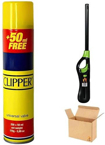 ANGIX 1 x Clipper Gas 300ml + 1 Refillable BBQ Lighter, Universal Refill Fluid for Lighters, BBQ, Camping & Cooking - Reliable & Safe Fuel Solution (Complete Set Packed in Box)
