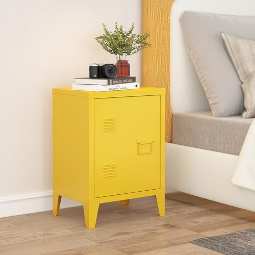 [en.casa] Table de Chevet Design Industriel avec Porte Magnétique Étagère Fentes d'Aération Table d'Appoint Armoire Métallique pour Bureau Armoire de Nuit Acier Laqué 57 x 40 x 30 cm Jaune