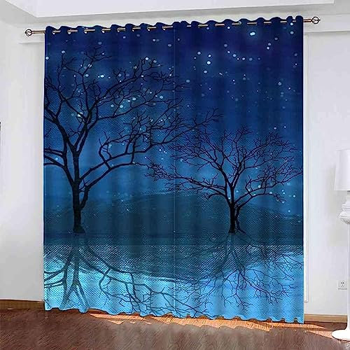 Vorhang Blickdicht Gardinen Mit Ösen - 2 Stücke 140(B) X 160(H) cm Verdunklungsvorhänge 3D Bäume Nachtlandschaft Muster Thermovorhang Für Kinderzimmer Schlafzimmer Weihnachtsgardinen-45263691677971