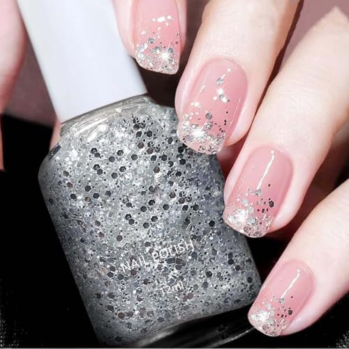 Silver Glitter Nail Polish - Fast-Drying Sparkle Varnish - Diamond Shine Long-Lasting Formula - No-Bake 60 Second Nail Polish - Breathable and Durable