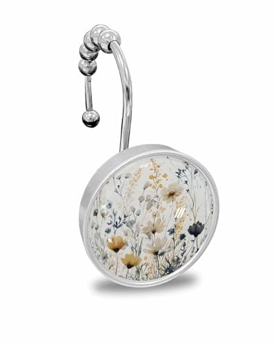 Shower Curtain Hooks Set of 12 Spring Wildflowers Flowers Watercolor Garden Plants Crystal Glass Shower Curtain Rings for Bathroom Decorative Stainless Steel Rust Proof Roller Shower Curtain Hangers