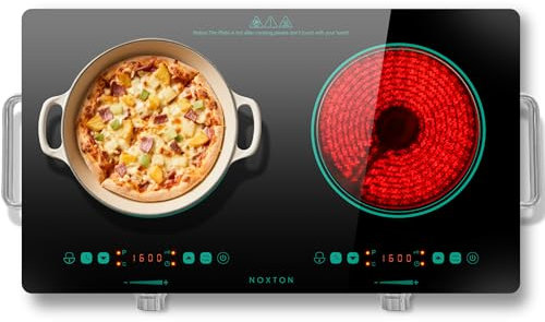 NOXTON Piano Cottura Elettrico Doppia di Maniglie, 3200W Piastra Vetroceramica Portatile 2 Fuochi con Spina, Timer, Blocco di sicurezza, Potenza e Temperatura Controllo di Toccare & Manopola, Verde