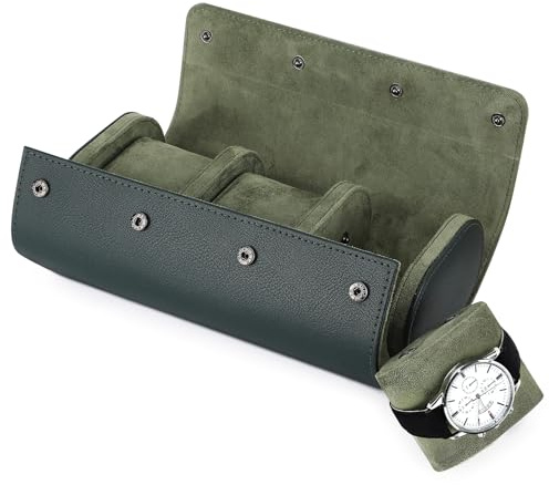 BAIGIO Tragbar Uhrenbox Uhrenrolle mit Uhrenkissen Travel Watch Box Case PU-Leder Uhrenaufbewahrung Reise Uhrenkasten Uhrenetui 3 Fächer Uhren Aufbewahrungsbox Uhrenkoffer für Damen Herren, Dunkelgrün
