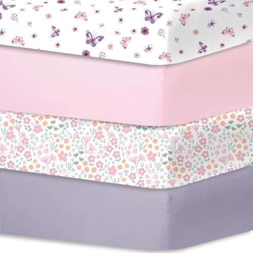 Little Grape Land Draps pour Lit Bébé 4 Pièces 60x120 cm,Drap Housse 60x120 Lit Bébé 100% Microfibre Respirante Oeko-TEX avec Protège Matelas Amovible et Motifs Mignons(Le Papillon et la Fleur)