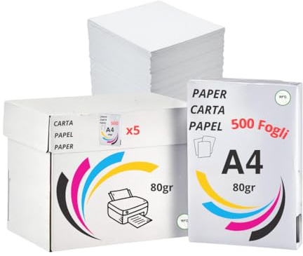 Carta da Stampa A4 Multiuso, Risma Foglio 80gsm,2500 Fogli 5 Risme da 500 Fogli di alta qualità - Carta per Fotocopie e Stampante A4 - Ideali per Ufficio e Casa Stampanti e Fotovopiatrici