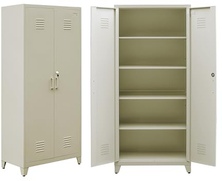 Brigros - Armadio In Metallo 2 Ante Con Serratura E 5 Ripiani Interni 85x45x190 Cm, Armadio Ufficio In Metallo Zincato Verniciato Per Garage, Ufficio, Archivio (Avorio)