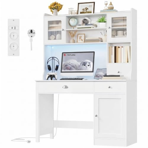 FirFurd Vitt skrivbord med lådor, hyllor, 2 uttag och 2 USB, LED-lampor, sminkbord, spelskrivbord, kontor, 120 x 48 x 165 cm