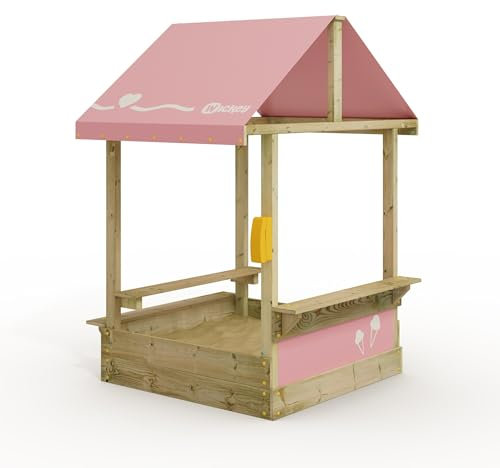 Wickey Sandkasten Dinky mit pastellpinkem Dach - Sandbox 113 x 113 x 28 cm - imprägniertes Massivholz inklusive Picnicktisch