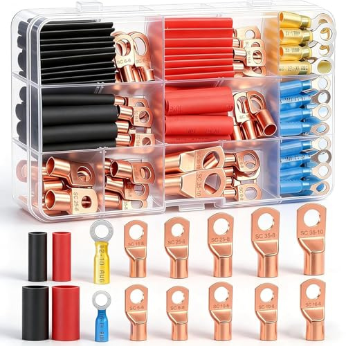 mxuteuk 130PCS Batterie-Kabelende AWG 2 4 6 8 10 12 14 16 Spezifikationen Kupfer-Kabel-Stecker, Ring-Klemmenanschluss, Kupfer-Ring-Klemmen mit Wärmeschrumpfung
