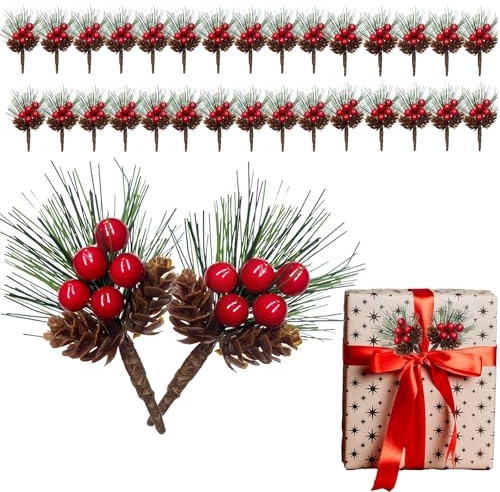 canddy Confezione da 30 plettri di pino artificiale, 8,9 cm, con steli di agrifoglio e bacche rosse, rametti natalizi finti con pigne, per regali fai da te e composizioni floreali (rosso)