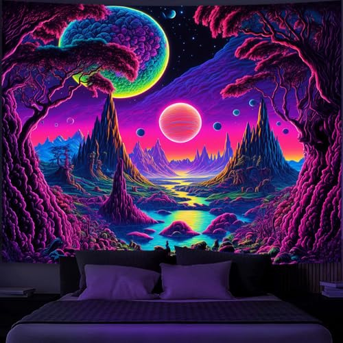 Simpkeely Schwarzlicht Galaxie Mond Tapisserie - Alien Landschaft UV Reaktiv Neon Berg Wald Weltraum Fantasie Pflanzen Wandbehang für Raumdekor - 130 x 150 cm