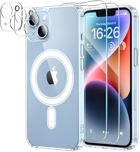 YNMEacc 5 in 1 Magnetic for iPhone 14 Case 6.1-Inch with 2X Screen Protector + 2 Lens Protector, [Compatible with MagSafe] Slim Soft TPU Silicone Shockproof Anti-Scratch Phone Cover - Clear