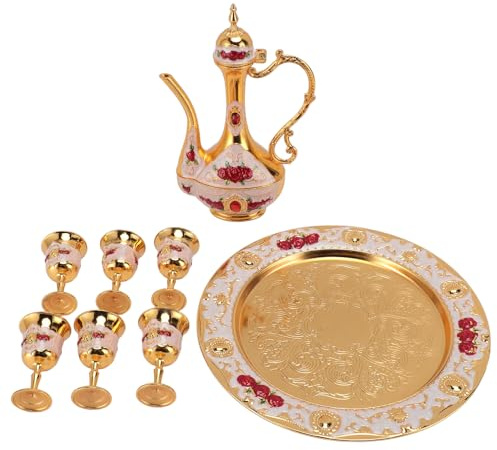 plplaaoo Vintage Turkish Coffee Pot Set Elegant Zinc Alloy Rustproof Turkish Tea Set For Home Party Wedding 6 Cups 1 Pot 1 Tray (Gold White Red)