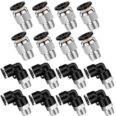 HAXIHA 16 stycken vinklar och rak kombination, 6 mm rör till 1/8 tum NPT yttre gänga pluggskruvar, raka och 90 graders vinkel, PC-1/4-N1+PL-1/4-N1 pneumatiska snabbkopplingar