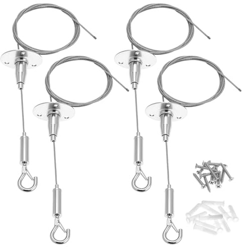 QWORK Adjustable Ceiling Sign Hanger, 4 Pack 3.2 ft Silver Iron Rope with Rubber Surface, 1/16 Wire Diameter, 11 lbs Load Capacity, Ideal for LED Panels, Billboards, Picture Frames