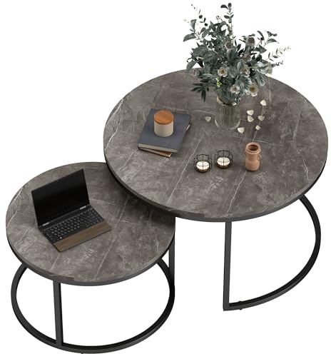 HOMCOM Couchtisch rund 2er Set Stapelbarer 78,5 x 78,5 x 46,5 cm Dunkelgrau | Beistelltisch mit Metallrahmen, Wohnzimmertisch mit Marmoroptik, Kaffeetisch Satztisch, Wohnzimmer, Schlafzimmer