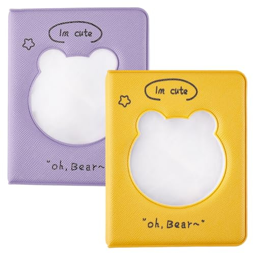 BEAMARKER 2 miniálbum de Fotos, Carpeta de Tarjetas Hueca de 3 Pulgada con Forma de Oso, Portafotos, Pequeño Y Bonito Libro con 32 Bolsillos para Coleccionar Y Organizar Fotos., Amarillo Y Morado