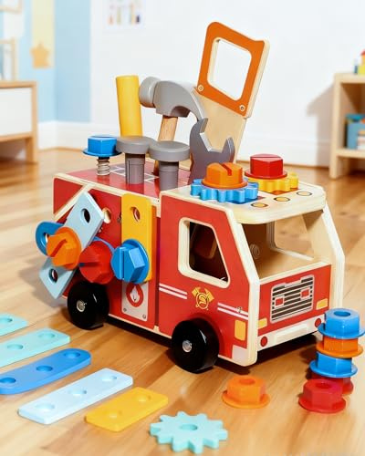 Jessruly 33-Piece Wooden Tool Set for Toddlers, Fire Truck Toolbox & Workbench Montessori Toys for 3-6 Year Olds, STEM Educational Pretend Play Tools, Construction Learning Gift for Boys Girls