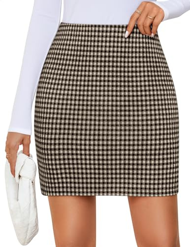 ZESICA Plaid Mini Skirt for Women 2026 Fall Winter High Waist A Line Bodycon Pencil Skirts Trendy,Mocha,X-Small