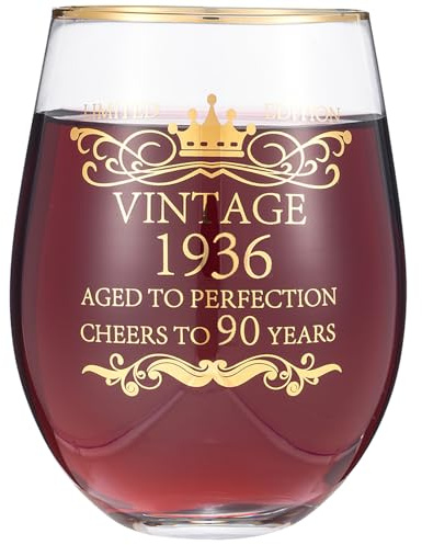 landskykit 1936 90th Birthday Gifts for Women Men 15oz Wine Tumbler Red Wine Glass Drinking Cup 90 Years Old Birthday Present 90th Anniversary