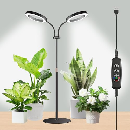auvstar Lámpara de Cultivo Plantas con Soporte,2 Cabezales,3 Modos | Luces de Crecimiento para Plantas,Escritorio Grow Light,Luz Crecimiento Plantas Interior con Timers Automático 3/9/12H