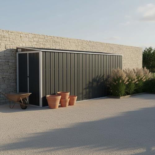 Anbauschuppen Anthrazit 118x382x178 cm Verzinkter Stahl, Holzunterstand Draußen Mit Erweitertem Stauraum, Container Haus Zum Wohnen Für Werkzeuge Und Gartenmöbel