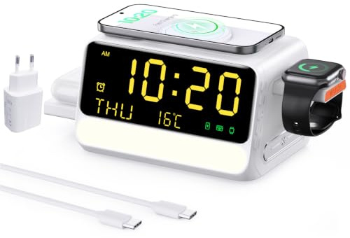 7-in-1 kabellose Ladestation mit Wecker, sprachgesteuertem Nachtlicht, Temperatur & Datum, inklusive 33W-Adapter, Schnellladestation kompatibel mit iPhone Samsung Handys, Apple/Samsung Watch Weiß